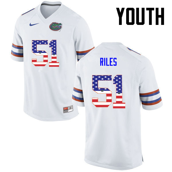 Youth Florida Gators #51 Antonio Riles College Football USA Flag Fashion Jerseys-White
